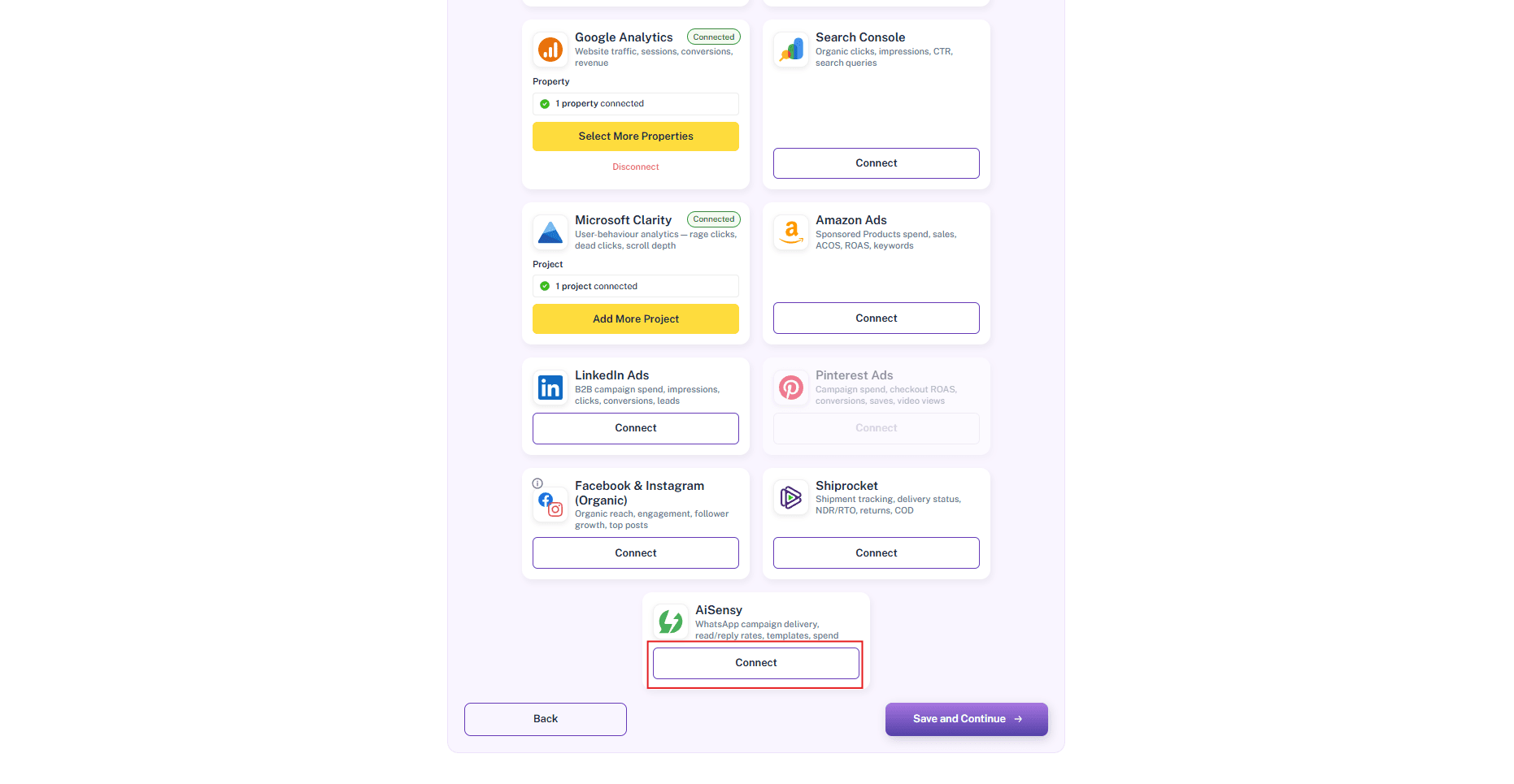 Integrations grid showing the AiSensy card and Connect button under Supercharge Your Insights