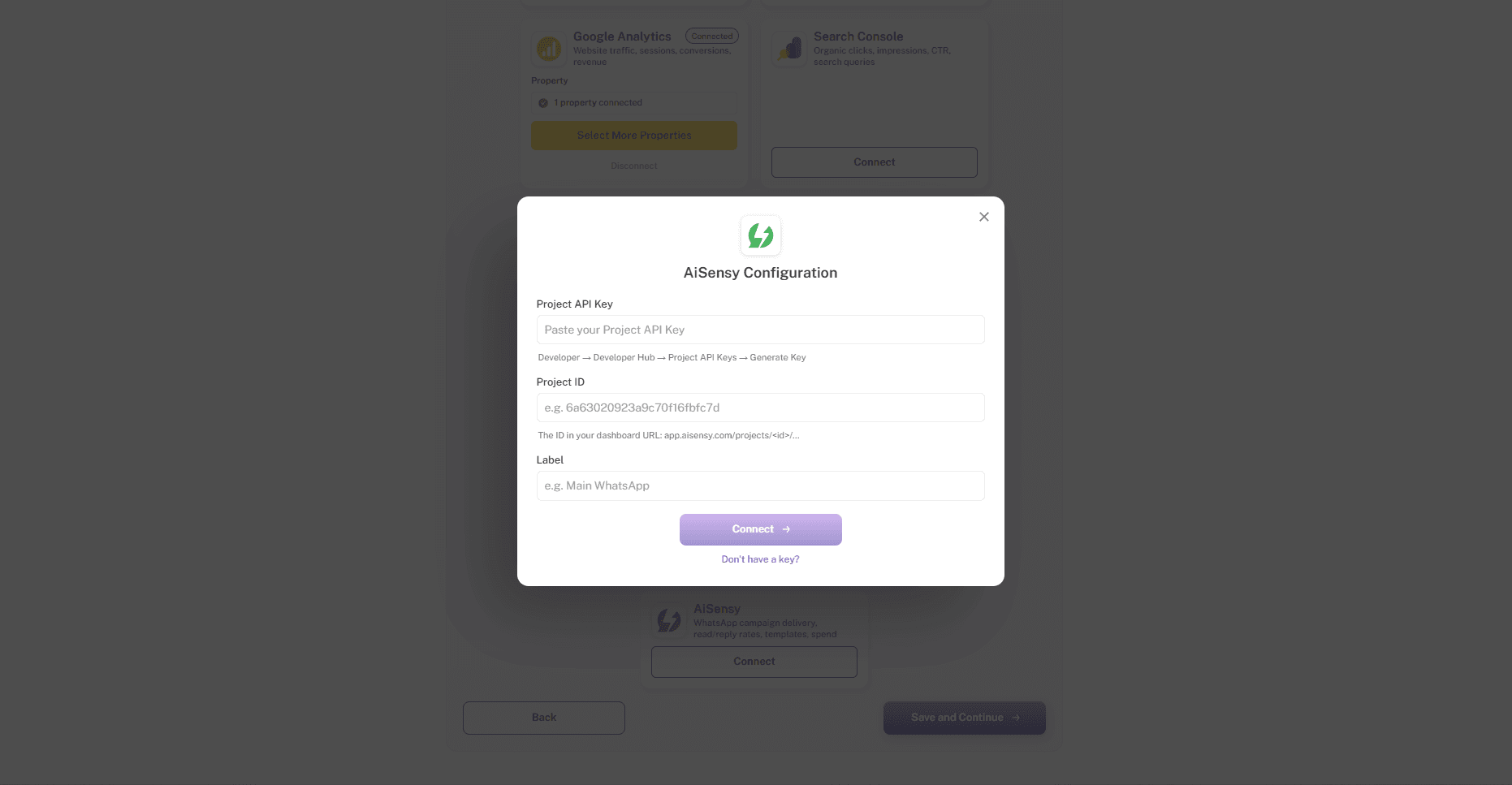 Empty AiSensy Configuration pop-up form