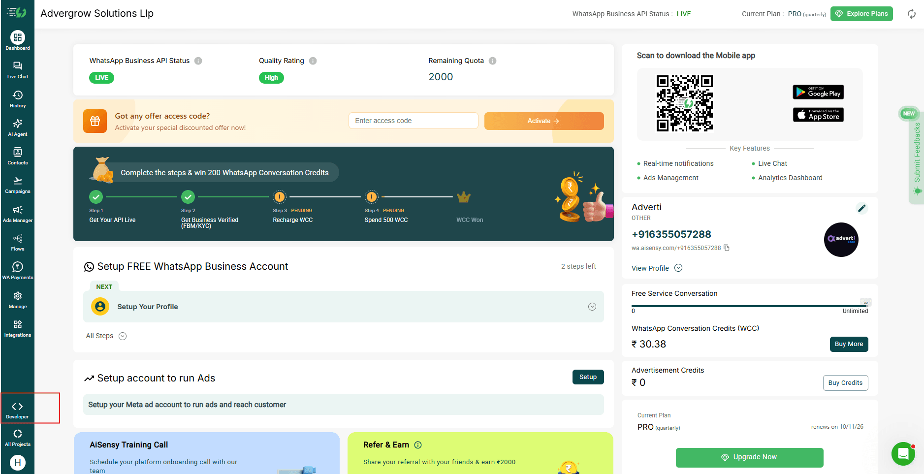 AiSensy dashboard with the Developer section highlighted in the sidebar