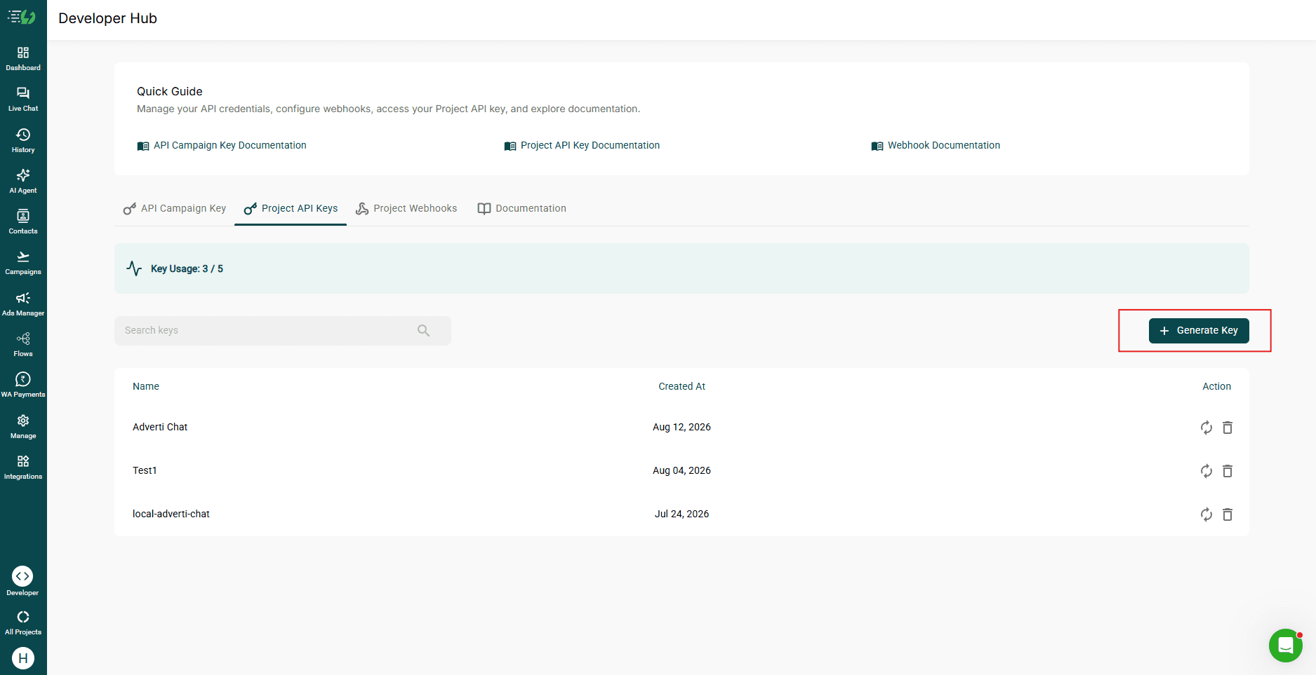 AiSensy Developer Hub with the Generate Key button highlighted