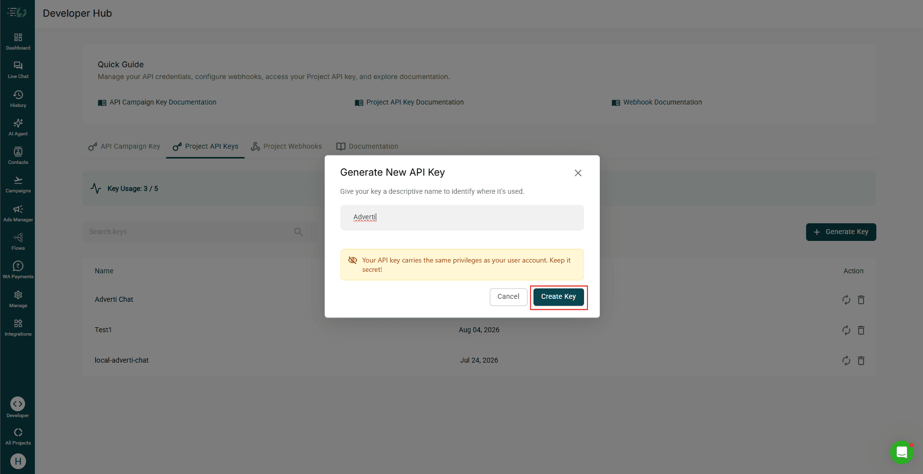 Generate New API Key dialog with a name entered and Create Key highlighted