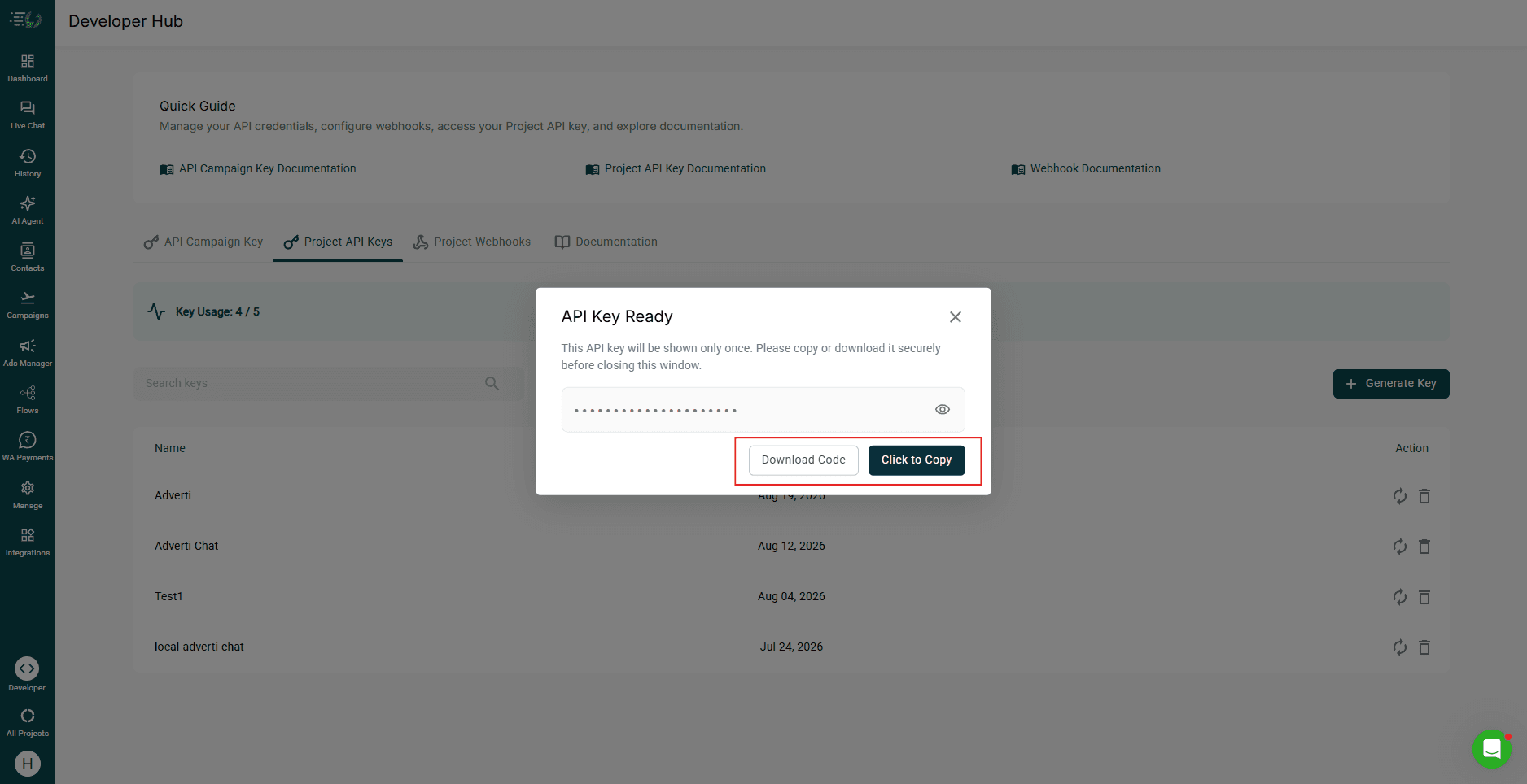 API Key Ready dialog with Copy and Download actions highlighted