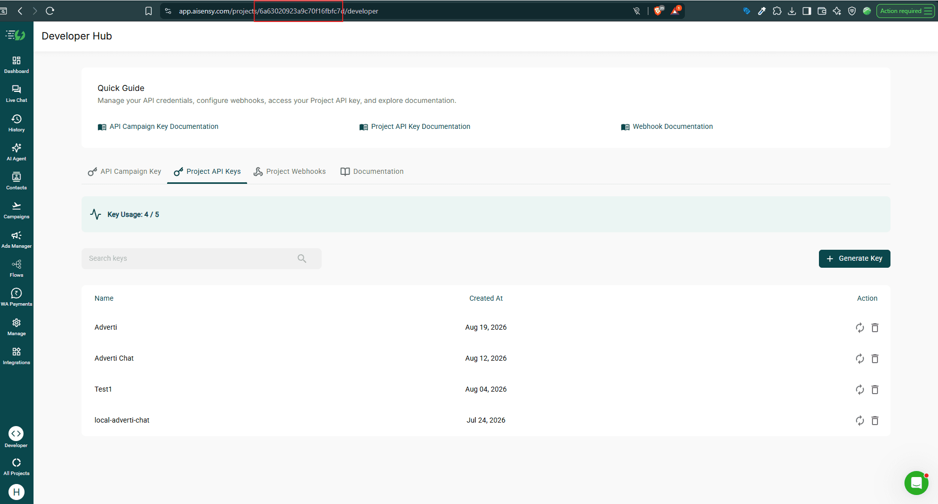 Browser address bar showing the AiSensy Project ID