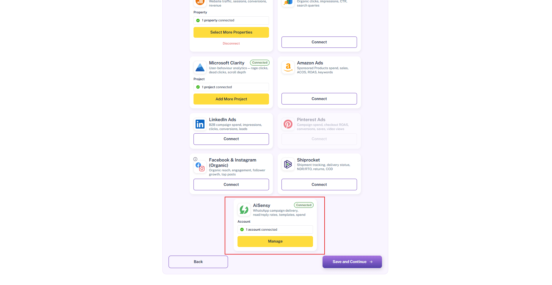 AiSensy integration card showing the Connected badge